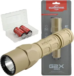 SureFire G2X Pro 600 Lumen Tactical EDC Flashlight Bundle with 2 Extra CR123A Batteries and Lightjunction Battery Case (Tan)