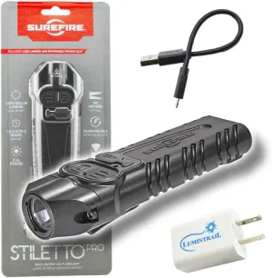 SureFire Stiletto PRO PLR-B Multi-Output Rechargeable Pocket Flashlight 1000 Lumen LED Bundle with a Lumintrail USB Wall Adapter