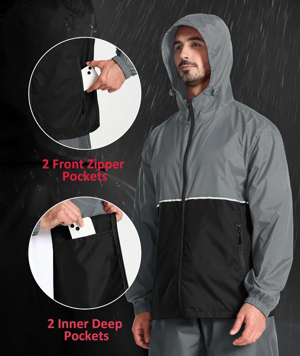 SWISSWELL Men's Rain Jacket Windbreaker Packable,Lightweight Golf Rain Coat Inner Pocket for Camping Hiking Cycling