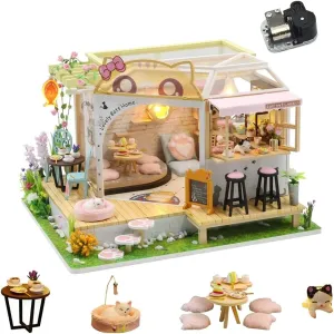 SYW DIY Cat Cafe Miniature Dollhouse Kit with Music and LED Light，Handmade Cat Coffee Garden Miniature House Kit, 1:24 Scale Creative Christmas Dolls House Toys Gift for Teen Children