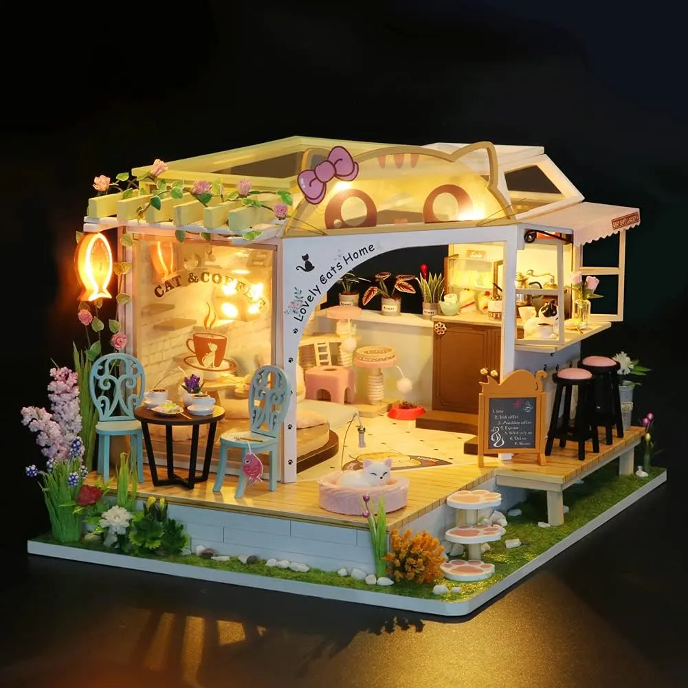 SYW DIY Cat Cafe Miniature Dollhouse Kit with Music and LED Light，Handmade Cat Coffee Garden Miniature House Kit, 1:24 Scale Creative Christmas Dolls House Toys Gift for Teen Children