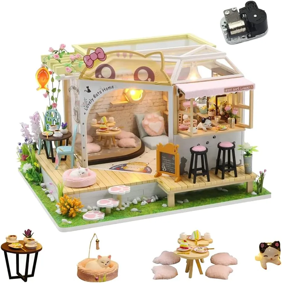 SYW DIY Cat Cafe Miniature Dollhouse Kit with Music and LED Light，Handmade Cat Coffee Garden Miniature House Kit, 1:24 Scale Creative Christmas Dolls House Toys Gift for Teen Children