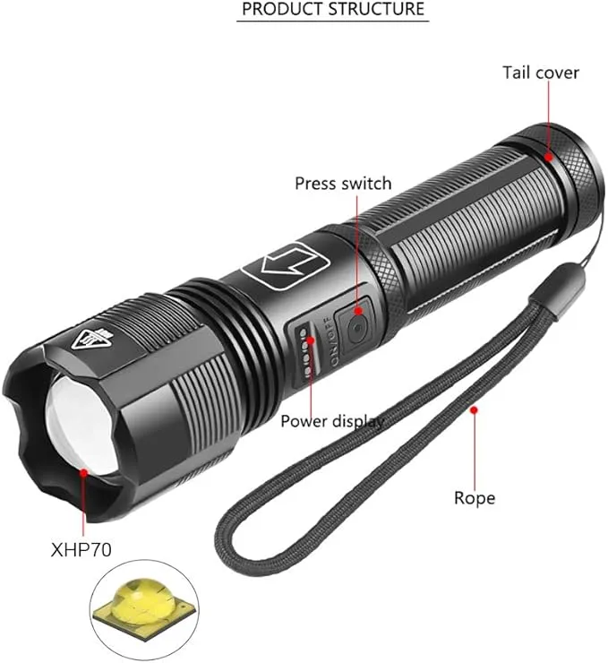 Tactical Flashlight - USB Rechargeable, 6000 Lumen XHP70.2 LED, 5 Modes, Zoomable, Power Indicator, USB Output