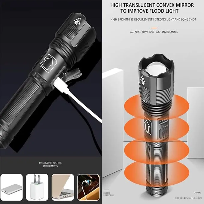 Tactical Flashlight - USB Rechargeable, 6000 Lumen XHP70.2 LED, 5 Modes, Zoomable, Power Indicator, USB Output