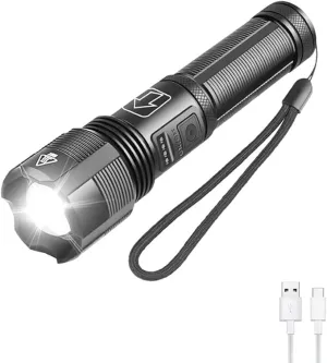 Tactical Flashlight - USB Rechargeable, 6000 Lumen XHP70.2 LED, 5 Modes, Zoomable, Power Indicator, USB Output
