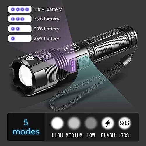 Tactical Flashlight - USB Rechargeable, 6000 Lumen XHP70.2 LED, 5 Modes, Zoomable, Power Indicator, USB Output