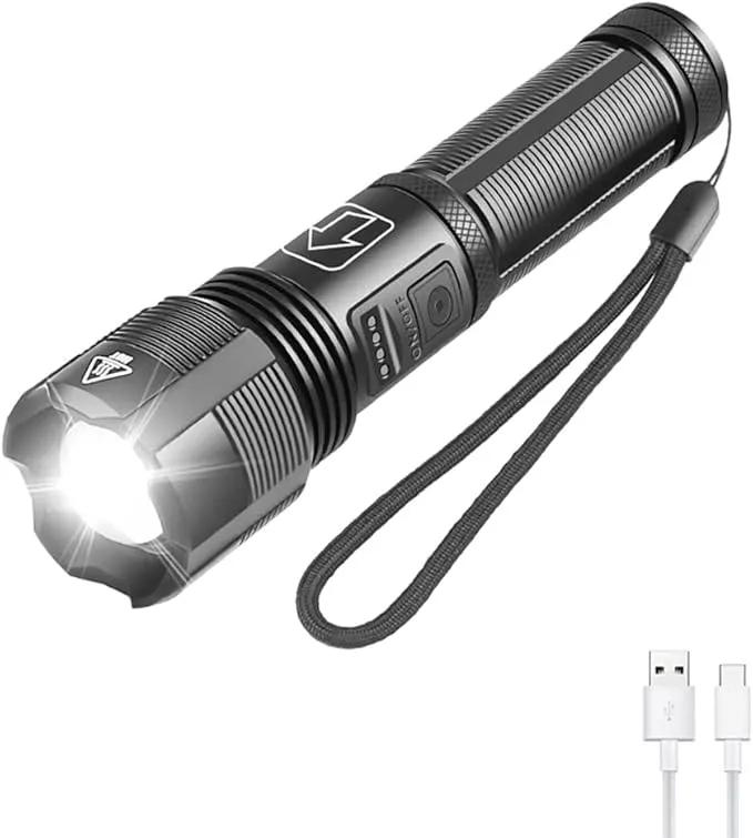 Tactical Flashlight - USB Rechargeable, 6000 Lumen XHP70.2 LED, 5 Modes, Zoomable, Power Indicator, USB Output