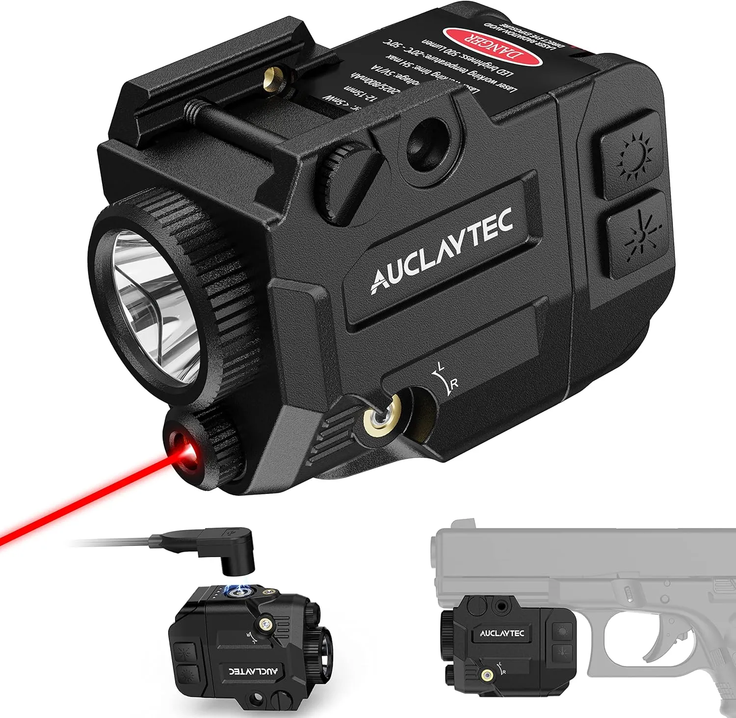 Tactical Flashlight with Laser Sight Combo with Magnetic Charging, 500 Lumen LED with Strobe for Glock or Picatinny (MIL-STD-1913) Rails LED Pistol Light（Red Laser）