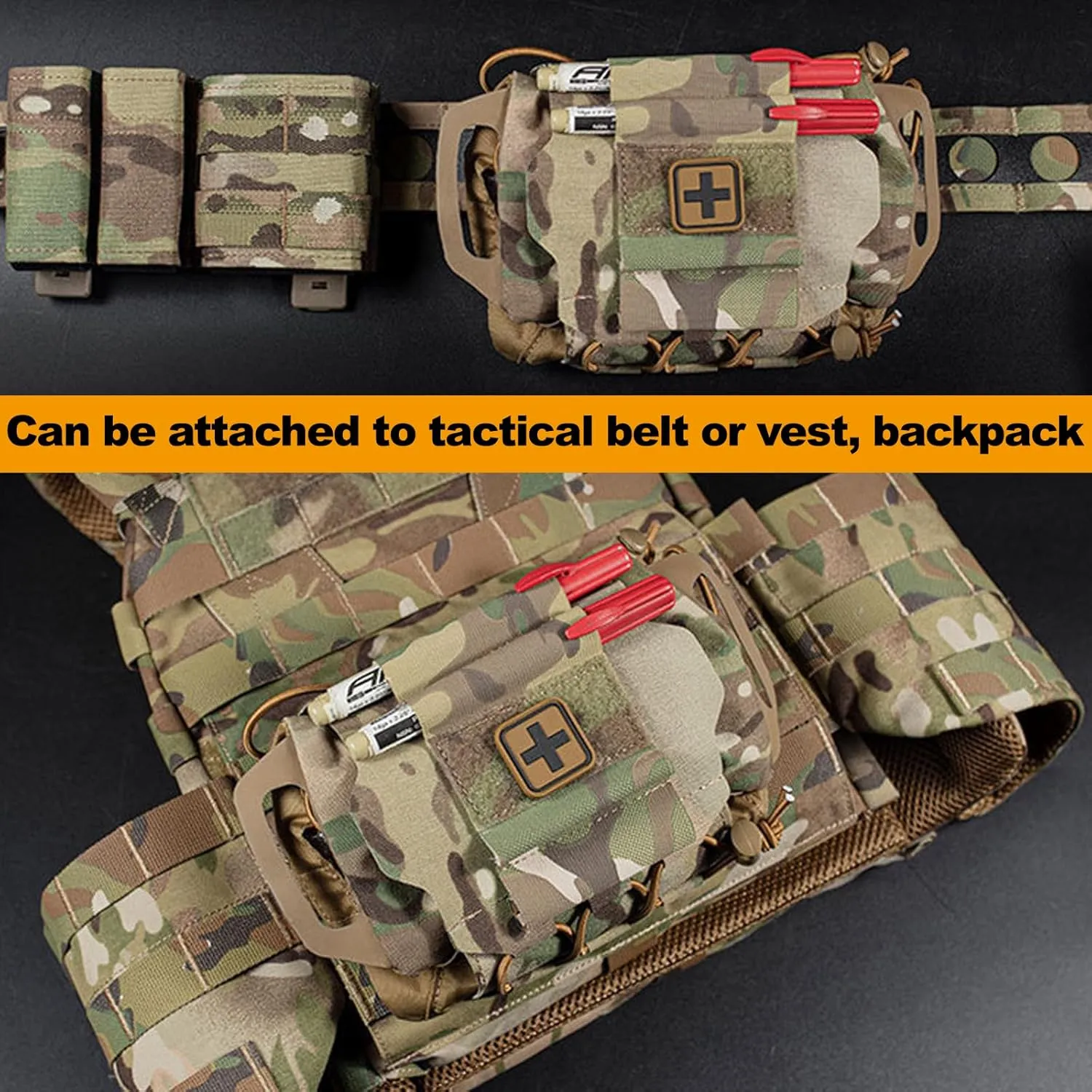 Tactical Molle Medical IFAK Pouch Rapid/Quick Deploy First Aid Kit Pack Emergency Survival Bag Two-Piece System Medical Roll Carrier Handle Outdoor Sport Hunting Bag (Brown)