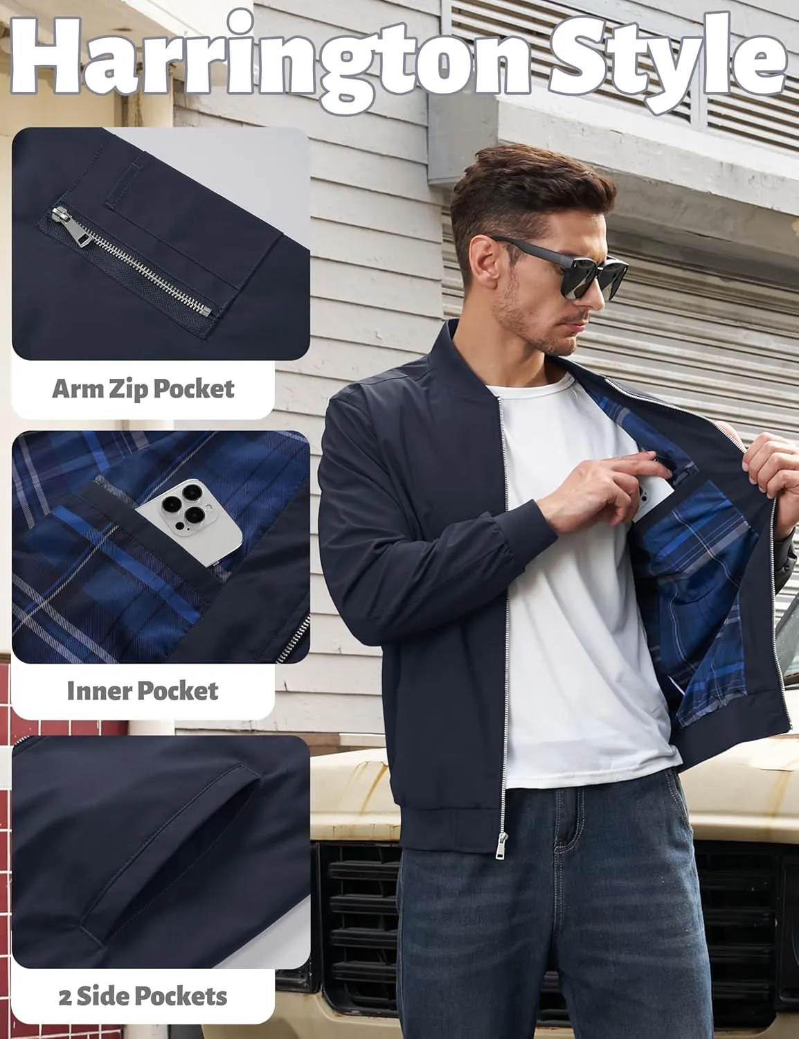 TACVASEN Men's Bomber Jacket Lightweight Windbreaker Plaid Lined Casual Fashion Spring Fall Windproof Zip Up Jacket for Men