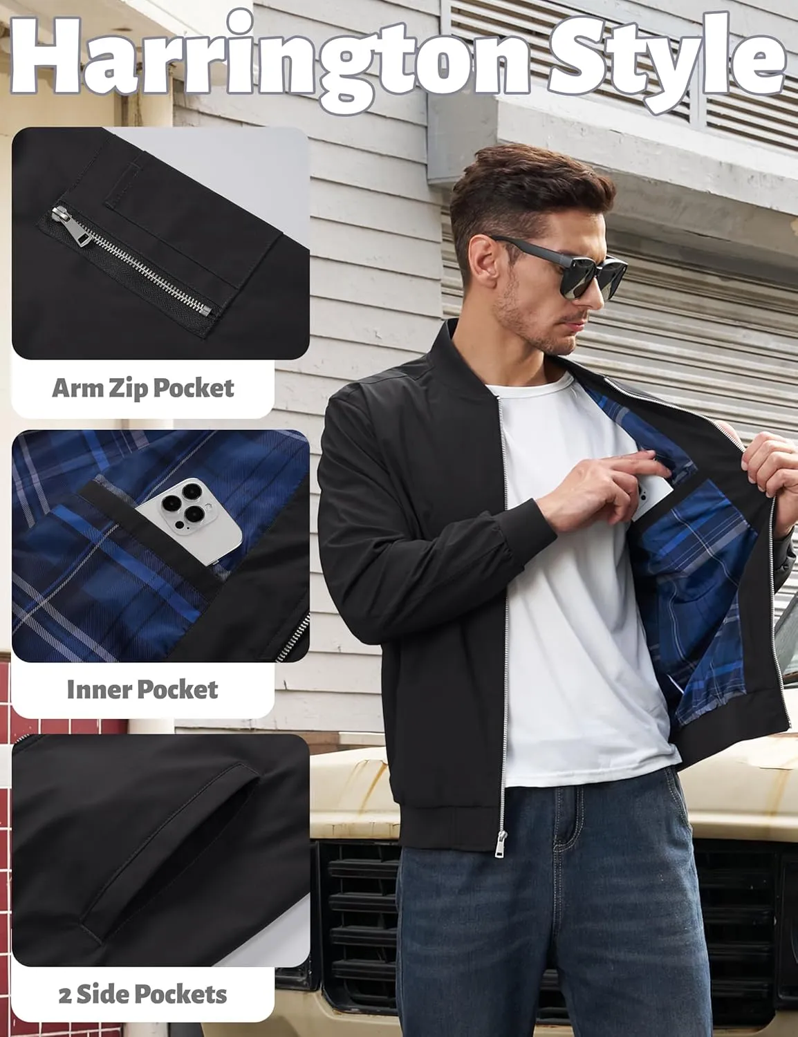 TACVASEN Men's Bomber Jacket Lightweight Windbreaker Plaid Lined Casual Fashion Spring Fall Windproof Zip Up Jacket for Men