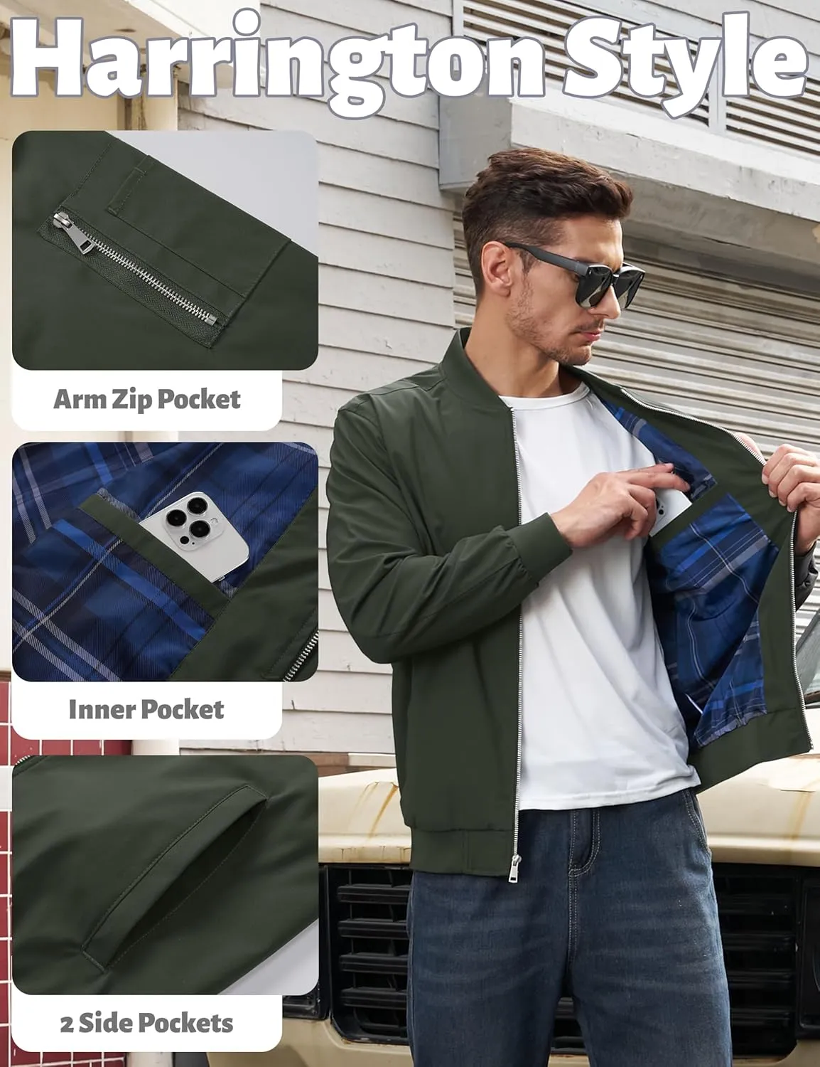 TACVASEN Men's Bomber Jacket Lightweight Windbreaker Plaid Lined Casual Fashion Spring Fall Windproof Zip Up Jacket for Men