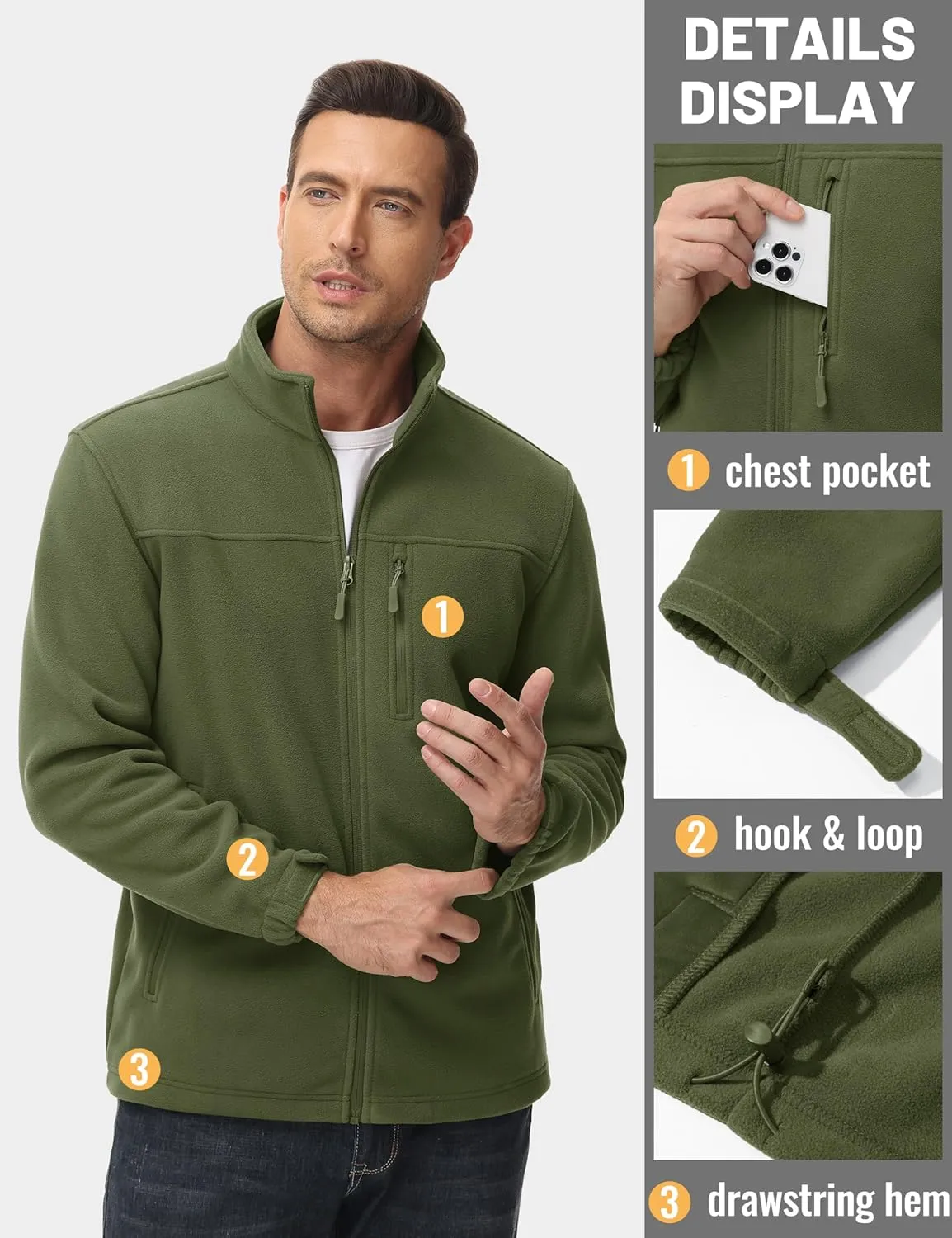 TACVASEN Men's Polar Fleece Jacket Full Zip Lightweight Tactical Jacket with Pockets Winter Coats Warm Casual Hiking Outdoor