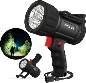 Taller Upgraded Rechargeable Spotlight Outdoor, Super Bright Hand Held Work Lights Flashlight Warning Lamp, IPX7 Waterproof Lightweight LED Spotlight for Boat Camping, Hunting - Black