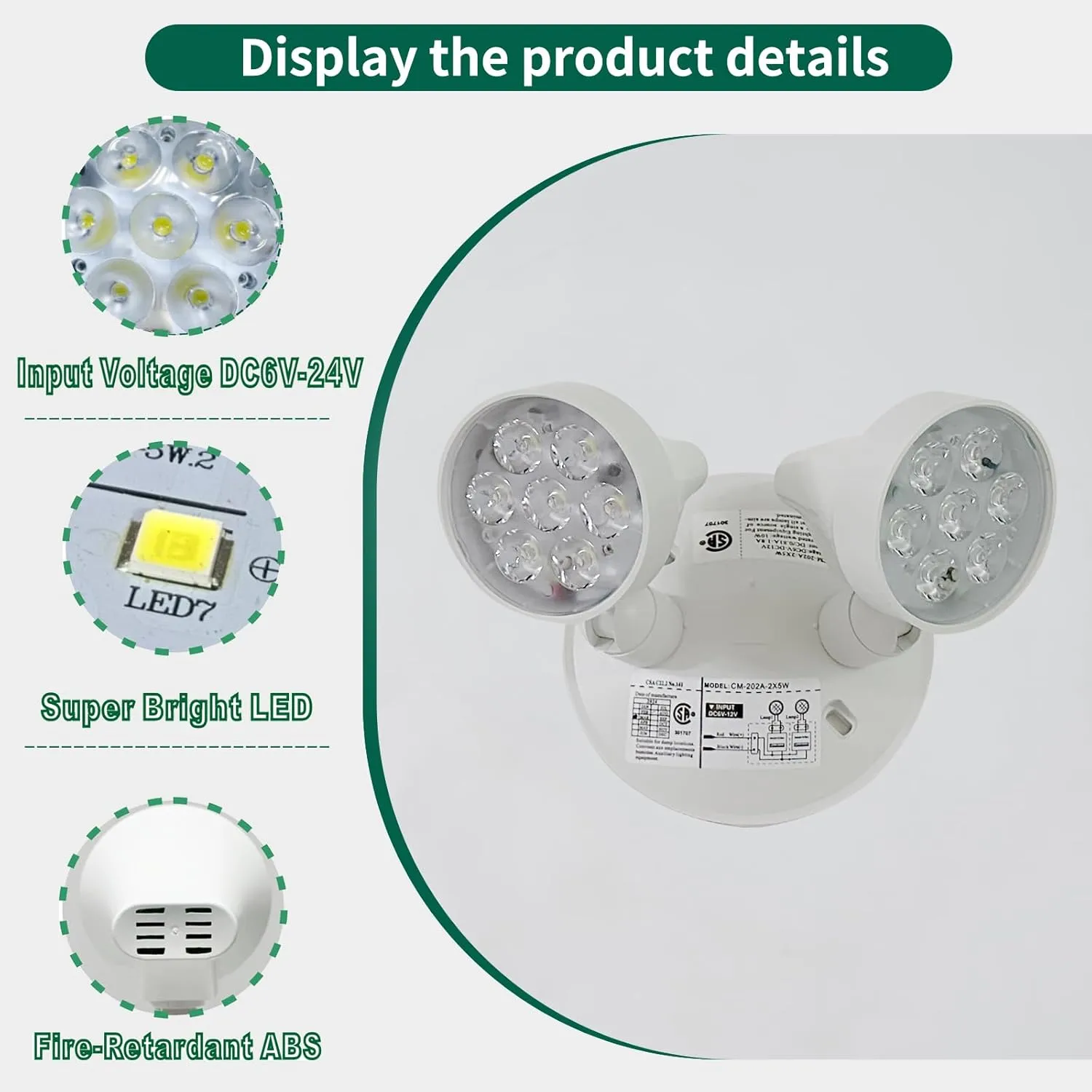 TANLUX Emergency Remote Head Lighting, Double Head Emergency Light, Multi Voltage 6V to 24 Volt Input, 2 by 5 Watts, 2 by 400 Lumen Output, No Battery Inside