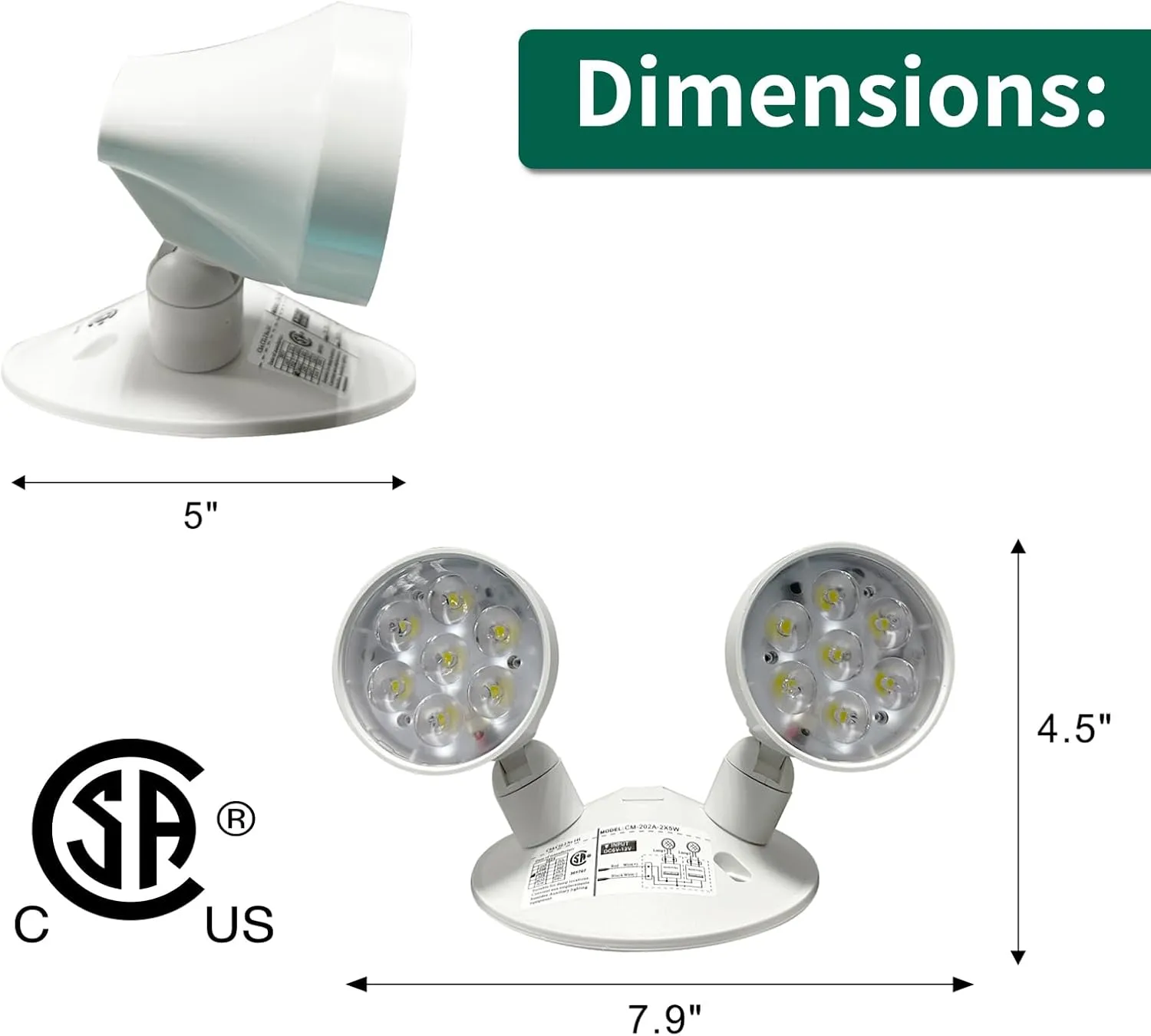 TANLUX Emergency Remote Head Lighting, Double Head Emergency Light, Multi Voltage 6V to 24 Volt Input, 2 by 5 Watts, 2 by 400 Lumen Output, No Battery Inside