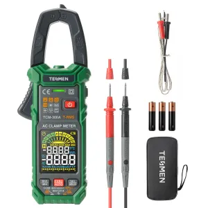 TESMEN TCM-300A Inrush Clamp Meter Multimeter 6000 Counts TRMS, Auto-Ranging Voltmeter Amp Meter with AC Current Capacitance AC/DC Voltage NCV/Live Wire Resistance Diode Temperature Continuity – Green
