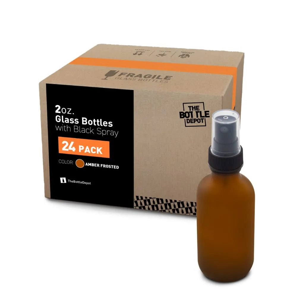 The Bottle Depot - 24 Pack - 2 oz Glass Spray Bottle - Amber Frosted - 20-400 Neck Finish - Boston Round Bottles - UV Rays Protection