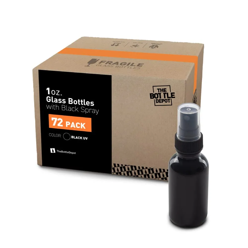 The Bottle Depot - 72 Pack - 1 oz Glass Spray Bottle - Black UV - 20-400 Neck Finish - Boston Round Bottles - UV Rays Protection