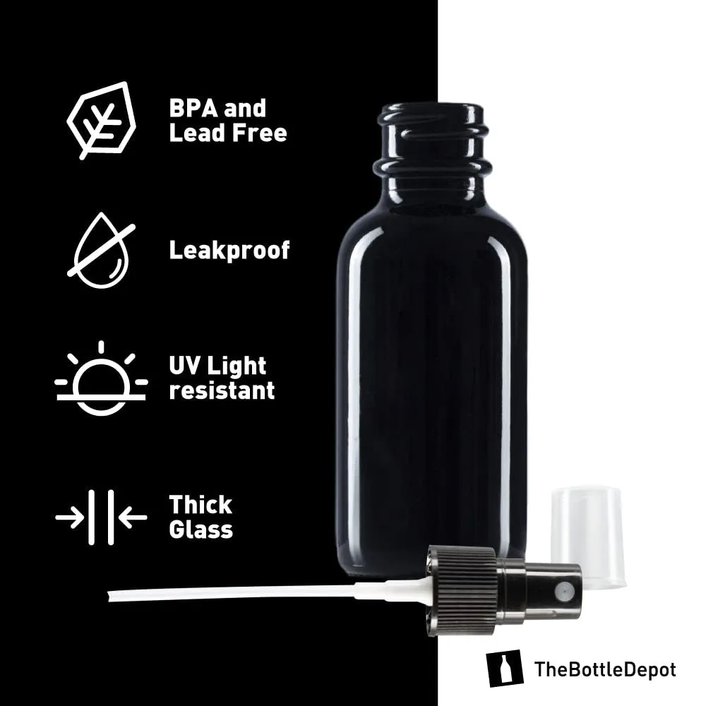 The Bottle Depot - 72 Pack - 1 oz Glass Spray Bottle - Black UV - 20-400 Neck Finish - Boston Round Bottles - UV Rays Protection