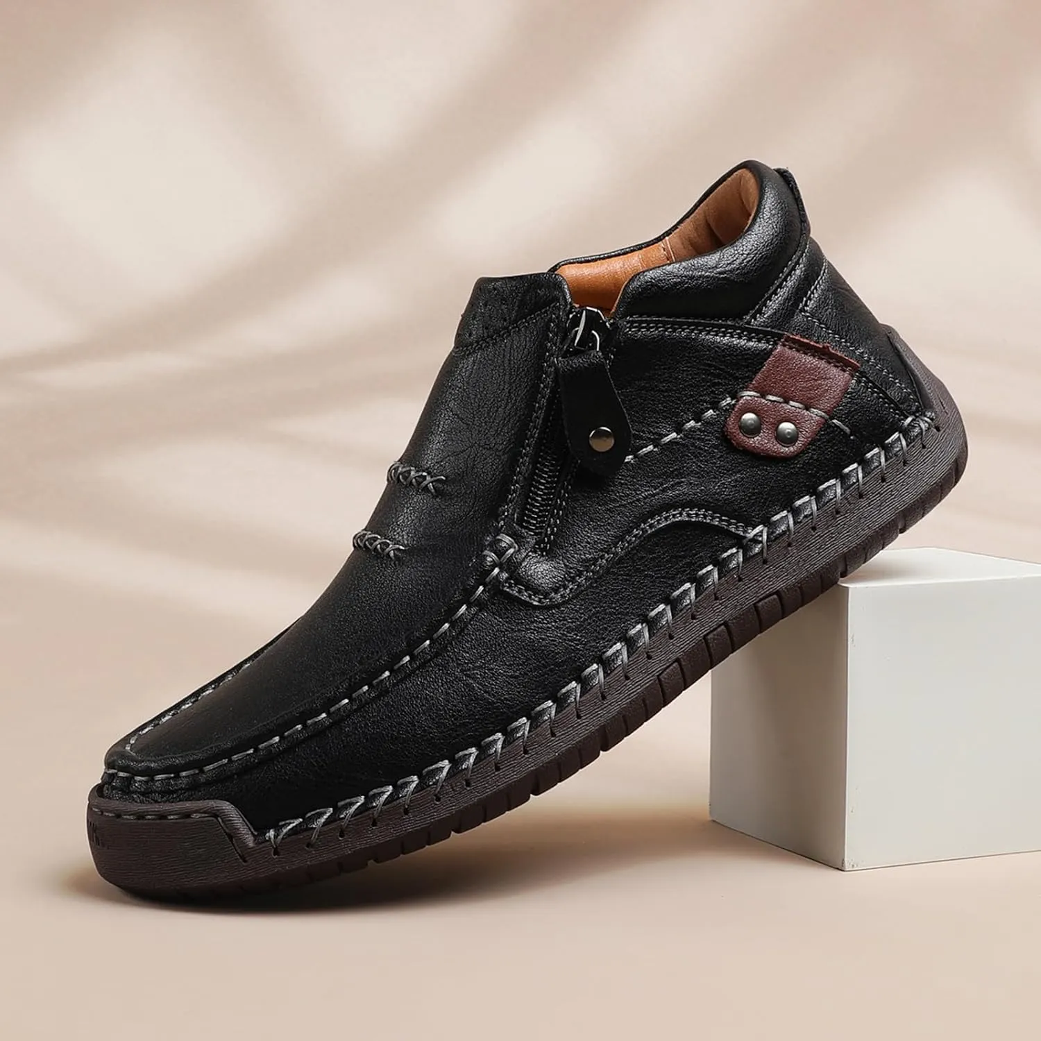 The First Young Shoes Men, Men’s Handmade Premium Leather Slip-On Driving Boots Travel & Outdoor, Walking Sneakers
