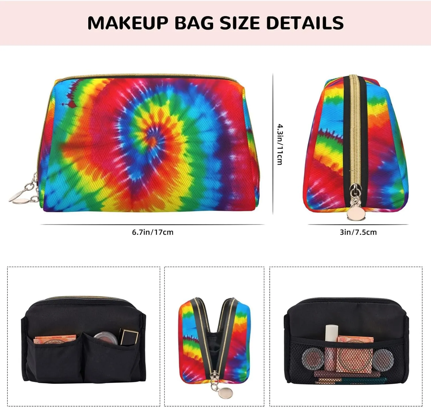 Tie Dye Rainbow Toiletry Pouch, Travel-Friendly Makeup Organizer For Makeup Brushes, Lipsticks