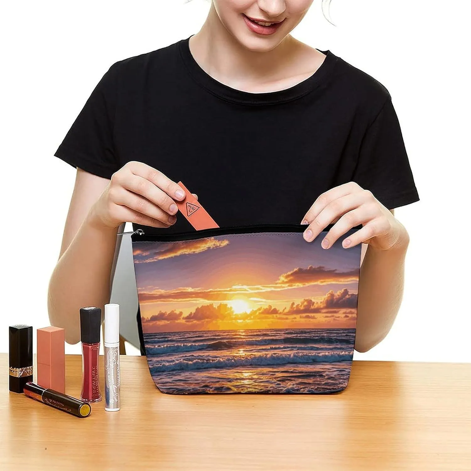 Toiletry Bag for Women Beach Sunset Waves Cosmetic Bag Portable Capacity Travel Makeup Bags with Zipper Lightweight Cute Beauty Makeup Organizer for Traveling, Accessories, Essentials