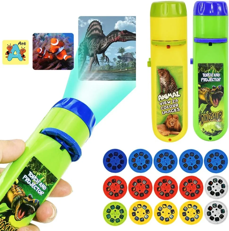 Torch Projector Projection Lighting Story Torches Light Toy Slide Lamp Educational Learning Bedtime Night Light for Children (120 Images, 5 Themes, Dinosaur Ocean Animal Outer Space Letters)