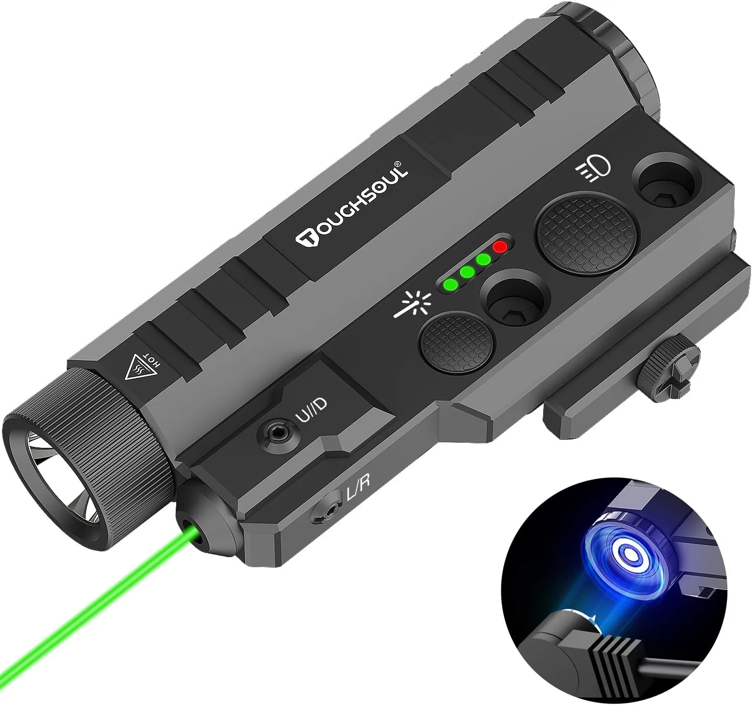 TOUGHSOUL Mlok Picatinny Tactical Flashlight Laser Sight Combo, 2400 Lumen Max Light with Green Laser, Momentary Strobe Function Rchargeable Battery Included