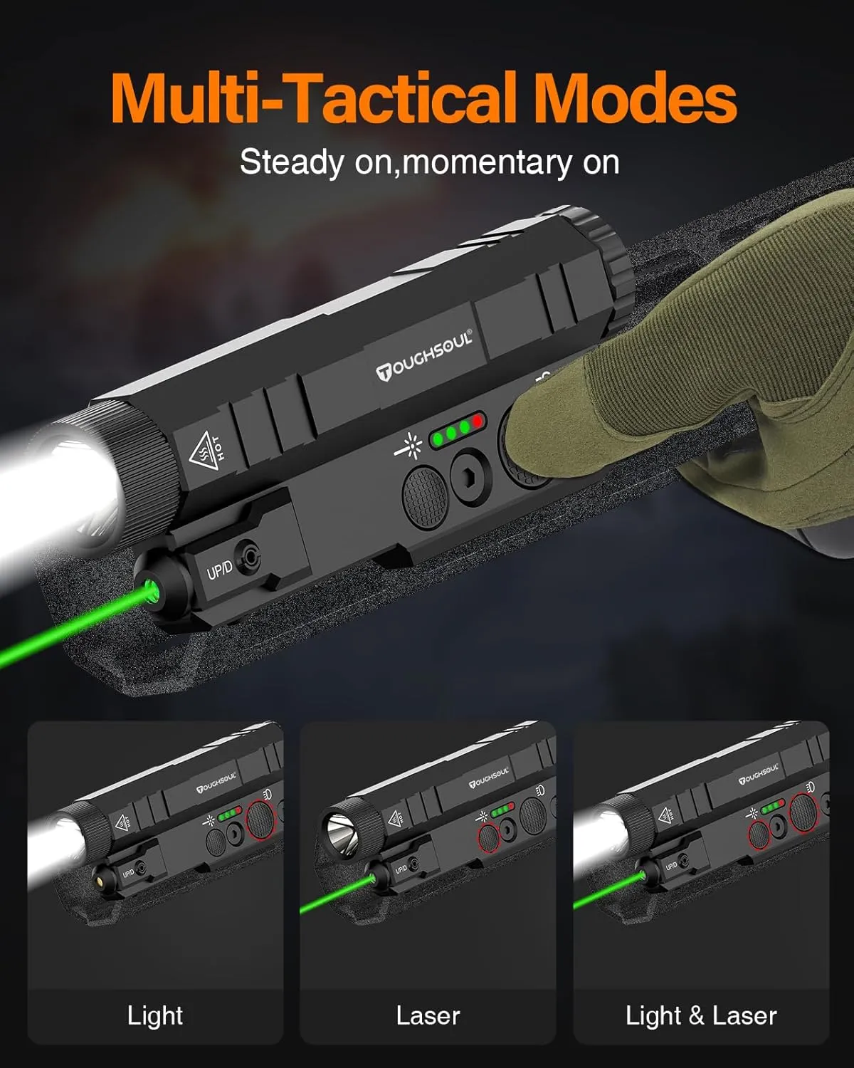 TOUGHSOUL Mlok Picatinny Tactical Flashlight Laser Sight Combo, 2400 Lumen Max Light with Green Laser, Momentary Strobe Function Rchargeable Battery Included