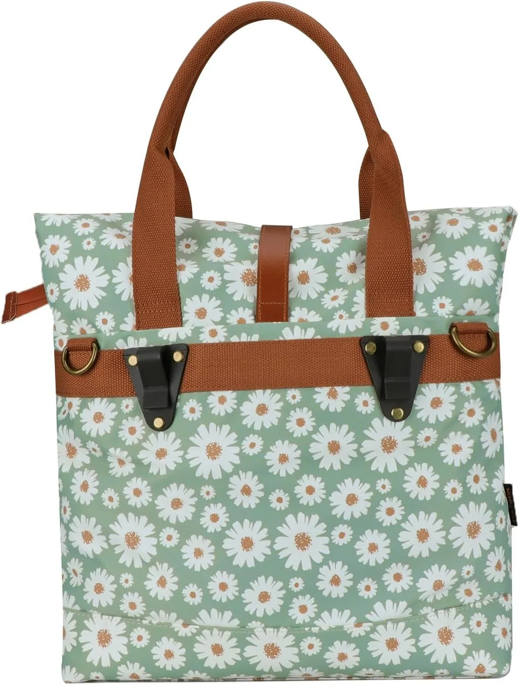 TOURBON Canvas and Leather Roll-top Clip-On Bicycle Panniers Women's Shoulder Tote Bag (Light Green with Flower)