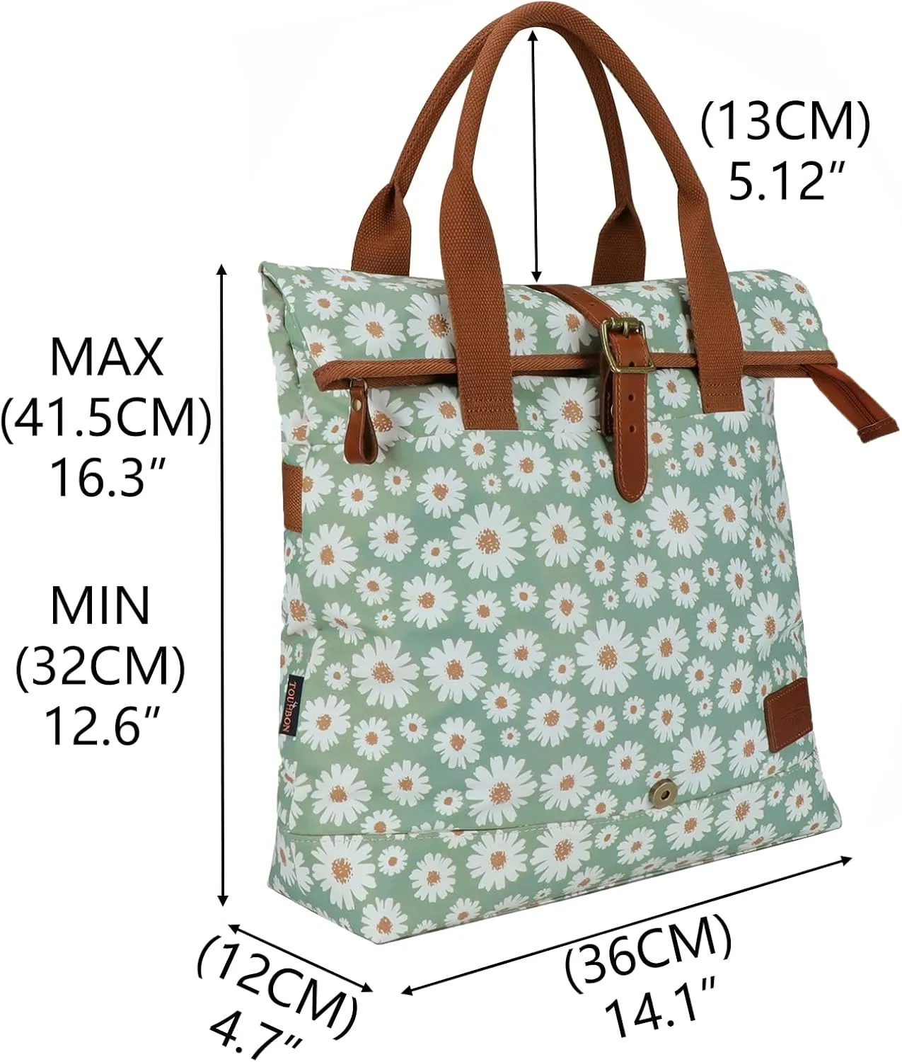 TOURBON Canvas and Leather Roll-top Clip-On Bicycle Panniers Women's Shoulder Tote Bag (Light Green with Flower)