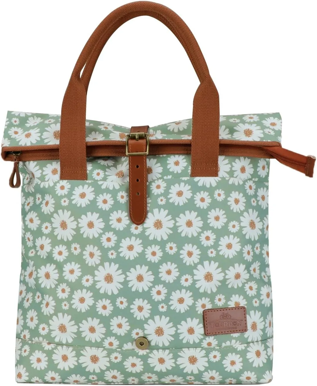 TOURBON Canvas and Leather Roll-top Clip-On Bicycle Panniers Women's Shoulder Tote Bag (Light Green with Flower)