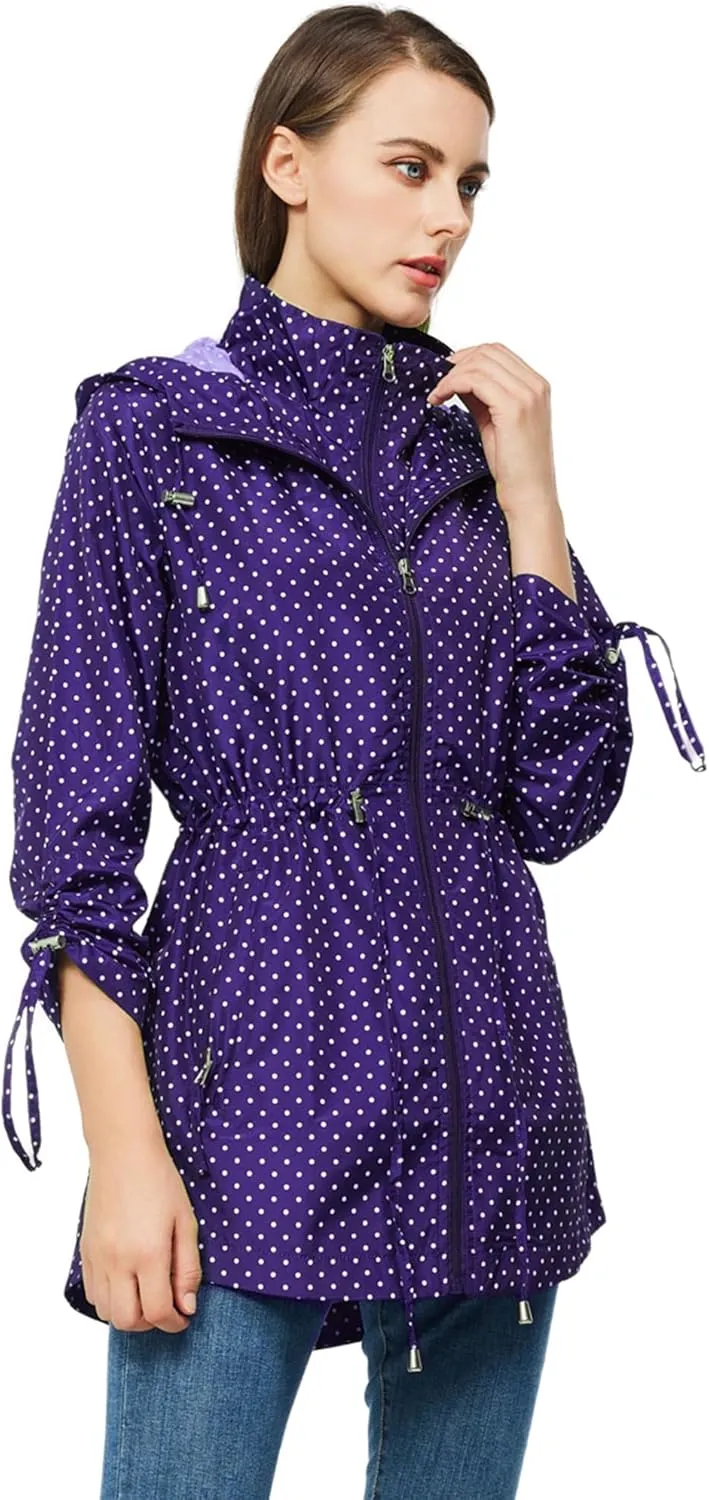 TRATENBY Rain-Jacket Women-Waterproof Lightweight-Packable Hood-Raincoat — Travel Windbreaker Coat in A Pouch Polka Dot