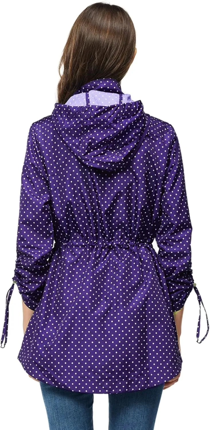 TRATENBY Rain-Jacket Women-Waterproof Lightweight-Packable Hood-Raincoat — Travel Windbreaker Coat in A Pouch Polka Dot