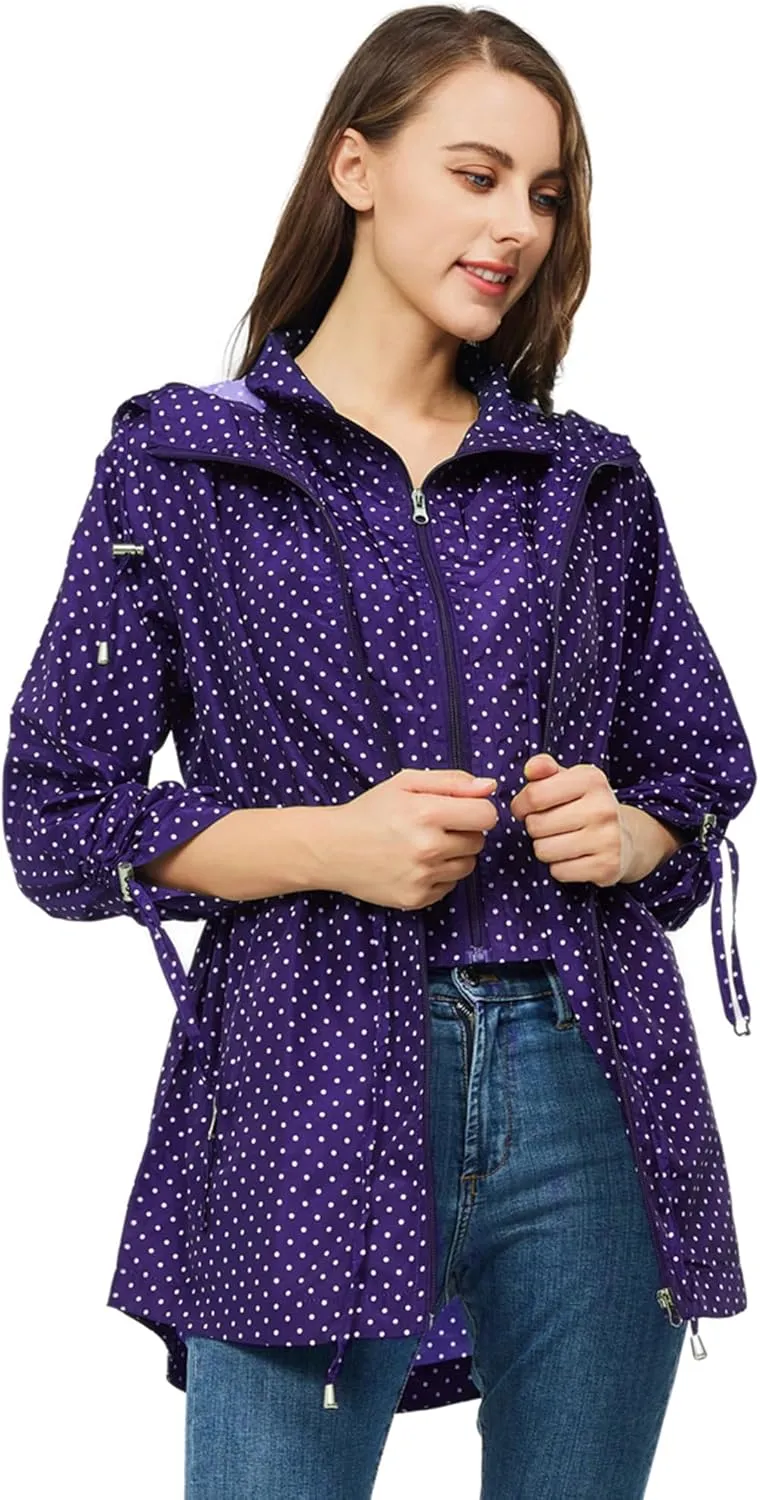 TRATENBY Rain-Jacket Women-Waterproof Lightweight-Packable Hood-Raincoat — Travel Windbreaker Coat in A Pouch Polka Dot