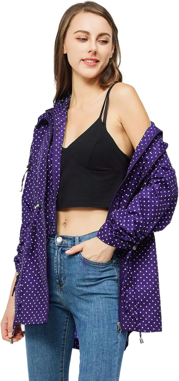 TRATENBY Rain-Jacket Women-Waterproof Lightweight-Packable Hood-Raincoat — Travel Windbreaker Coat in A Pouch Polka Dot