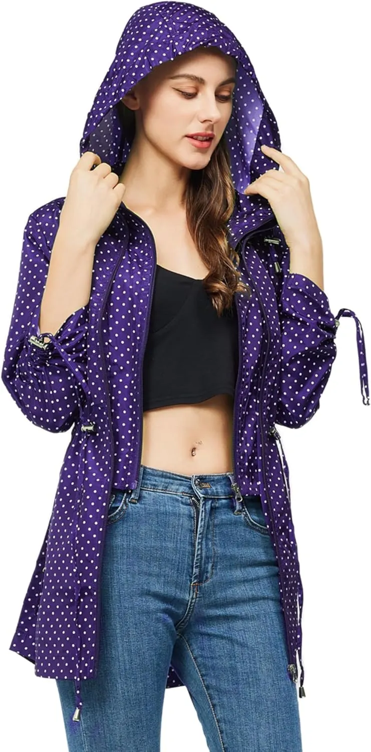 TRATENBY Rain-Jacket Women-Waterproof Lightweight-Packable Hood-Raincoat — Travel Windbreaker Coat in A Pouch Polka Dot