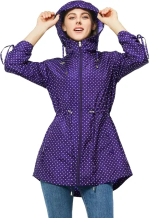 TRATENBY Rain-Jacket Women-Waterproof Lightweight-Packable Hood-Raincoat — Travel Windbreaker Coat in A Pouch Polka Dot