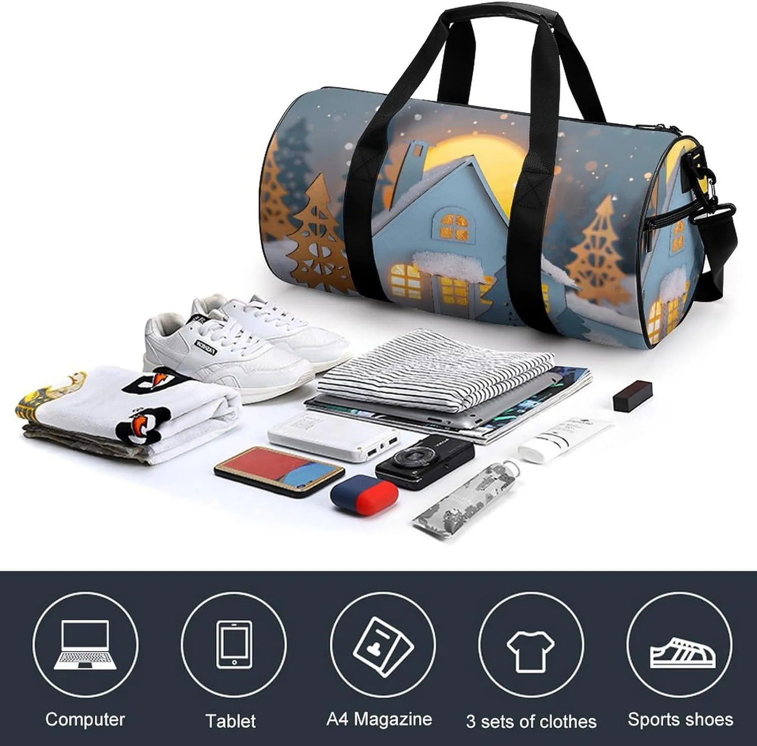 Travel Duffel Bag for Men And Women,Small House And Trees Waterproof Sports Fitness Bag Portable Travel Duffel Bag