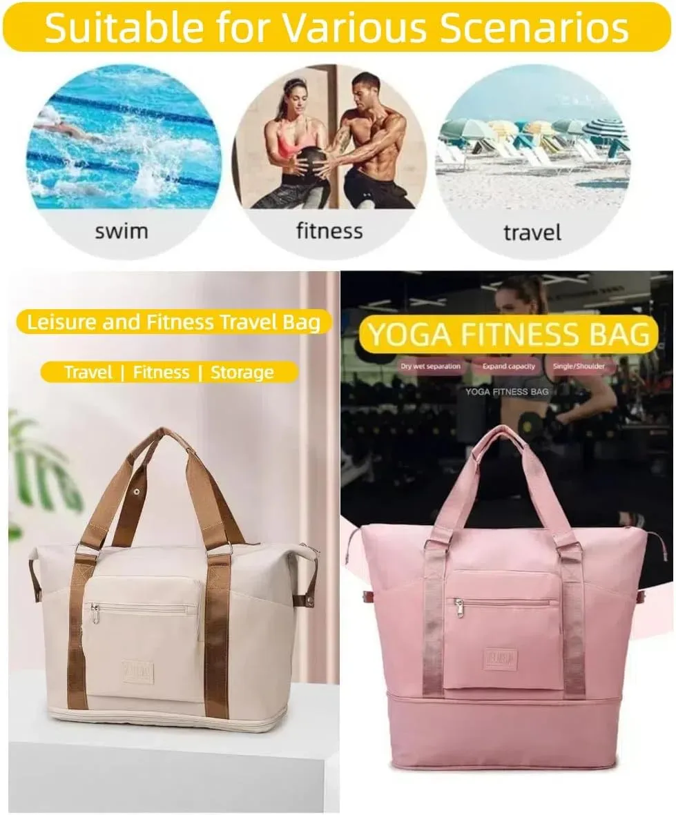 Travel Duffel Bag,Sports Tote Gym Bag,Scalable Capacity Bag,Waterproof Bag,Dry Wet Separation Package，Hand/Shoulder Dual Use (brown)