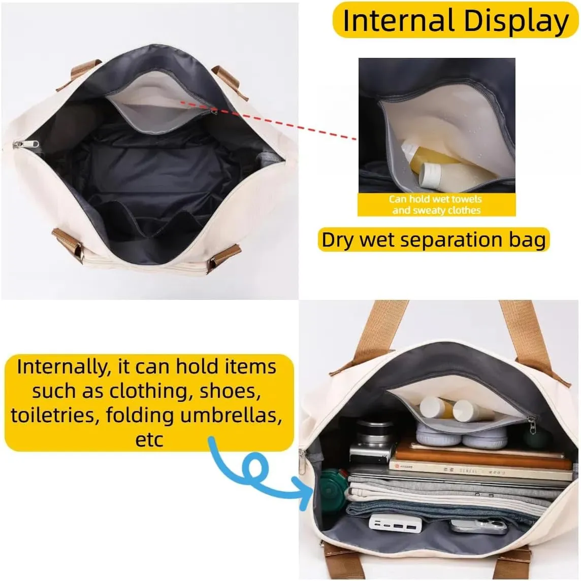 Travel Duffel Bag,Sports Tote Gym Bag,Scalable Capacity Bag,Waterproof Bag,Dry Wet Separation Package，Hand/Shoulder Dual Use (brown)