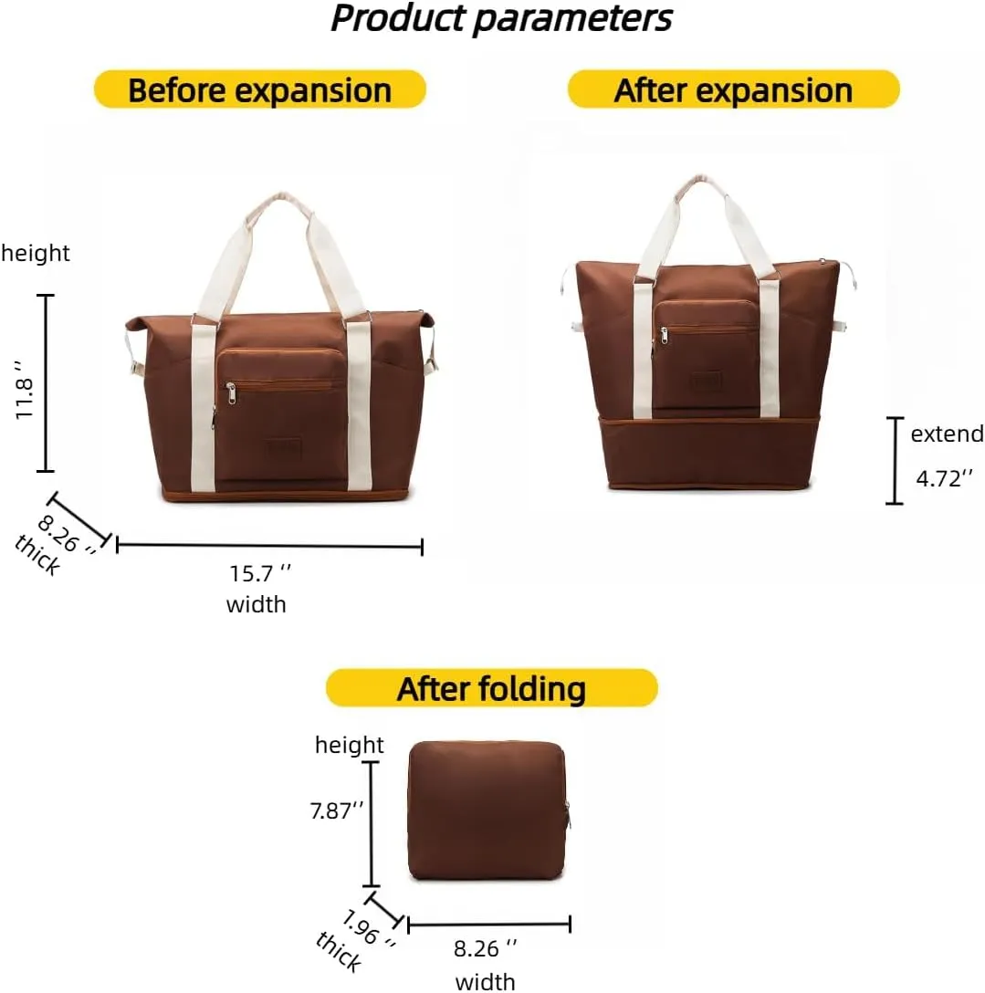 Travel Duffel Bag,Sports Tote Gym Bag,Scalable Capacity Bag,Waterproof Bag,Dry Wet Separation Package，Hand/Shoulder Dual Use (brown)