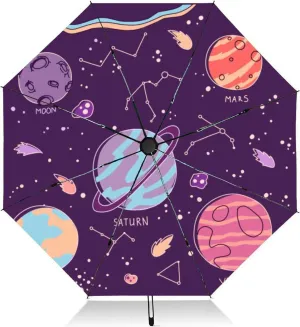 Travel Umbrella for Rain Windproof Constellation planets set earth moon satrn venus mars cartoon solar Automatic Cute Portable Compact Umbrella for Women Purse Backpack Car Black Sun UV Protection