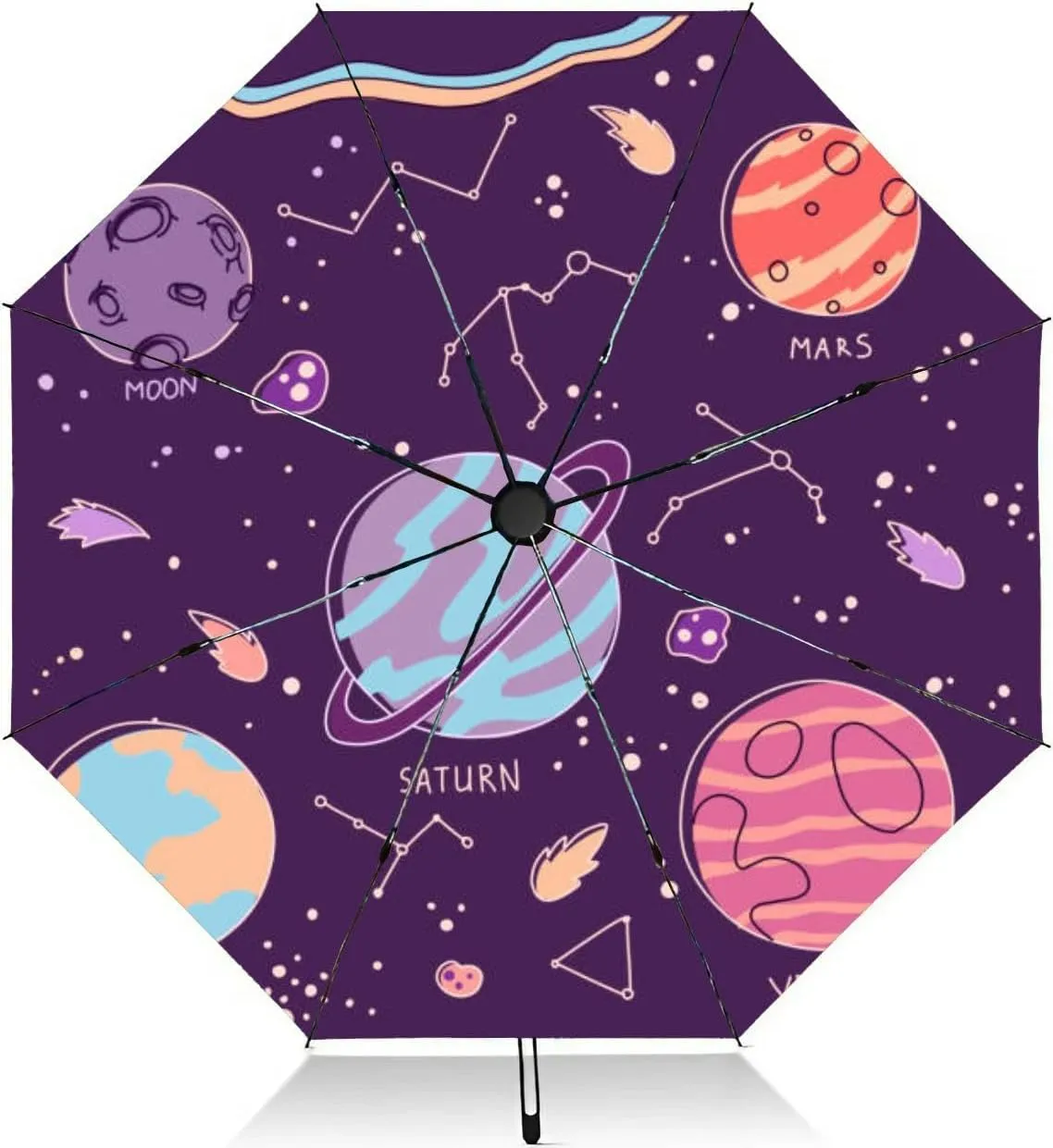 Travel Umbrella for Rain Windproof Constellation planets set earth moon satrn venus mars cartoon solar Automatic Cute Portable Compact Umbrella for Women Purse Backpack Car Black Sun UV Protection