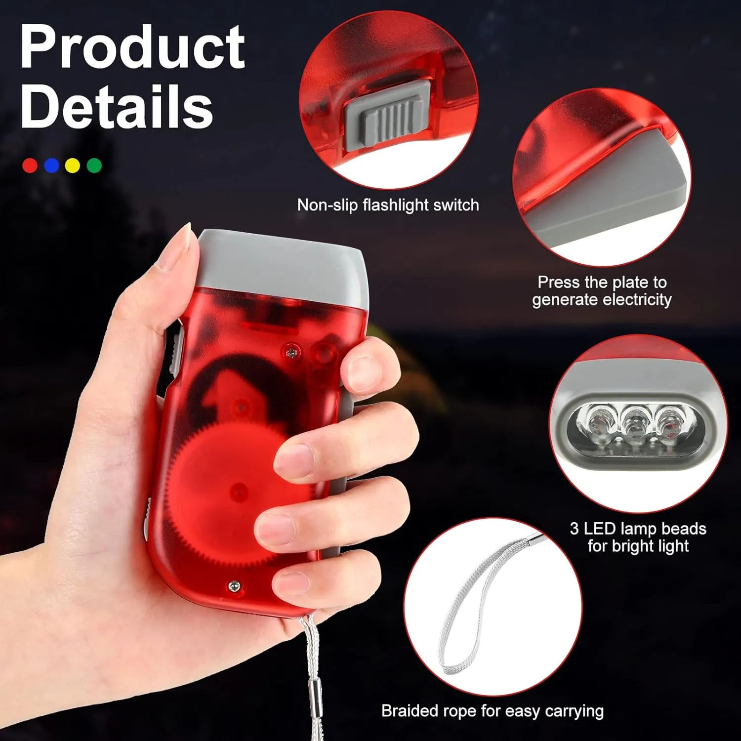 Treela 36 Pcs Hand Crank Flashlight Bulk Squeeze Wind up Flashlight No Battery with LED Self Powered Charging Torch Dynamo for Camping Emergency Survival Christmas(Yellow, Green, Blue, Red)