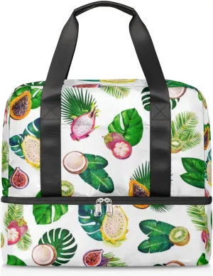 Tropic Leaves And Fruits Travel Bag Double Tier Zip Closure Weekender Bag with Leather Handle Waterproof Sports Tote Gym Bag for Swim Beach Gym Yoga