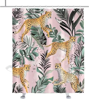 Tropical Animal Shower Curtain Pink Jungle Leopard Print with Cheetah and Palm Leaves Shower Curtain Set Nature African Cheetah Boho Cool Bathroom Decor with Hooks 72" W × 84" H