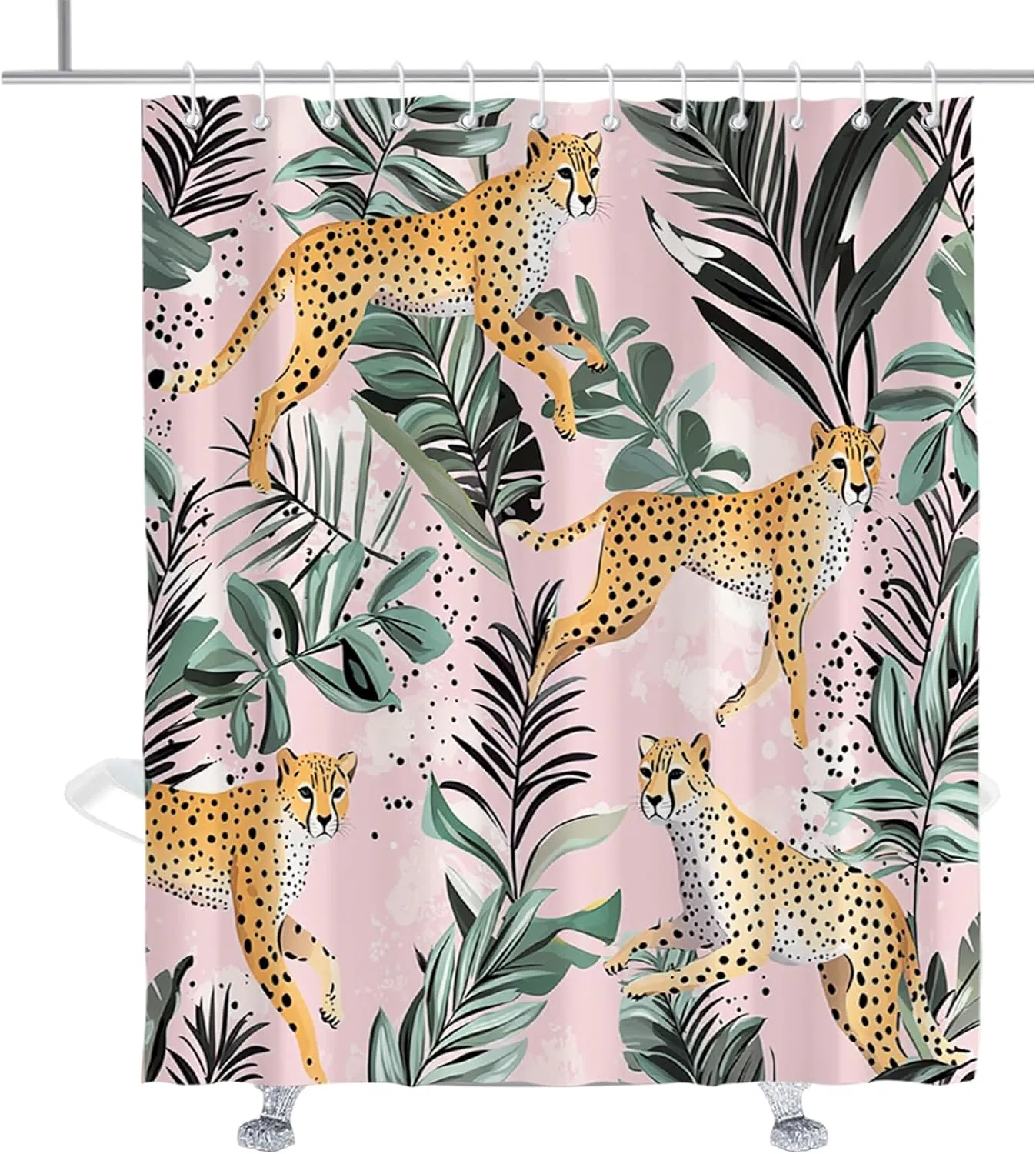 Tropical Animal Shower Curtain Pink Jungle Leopard Print with Cheetah and Palm Leaves Shower Curtain Set Nature African Cheetah Boho Cool Bathroom Decor with Hooks 72" W × 84" H