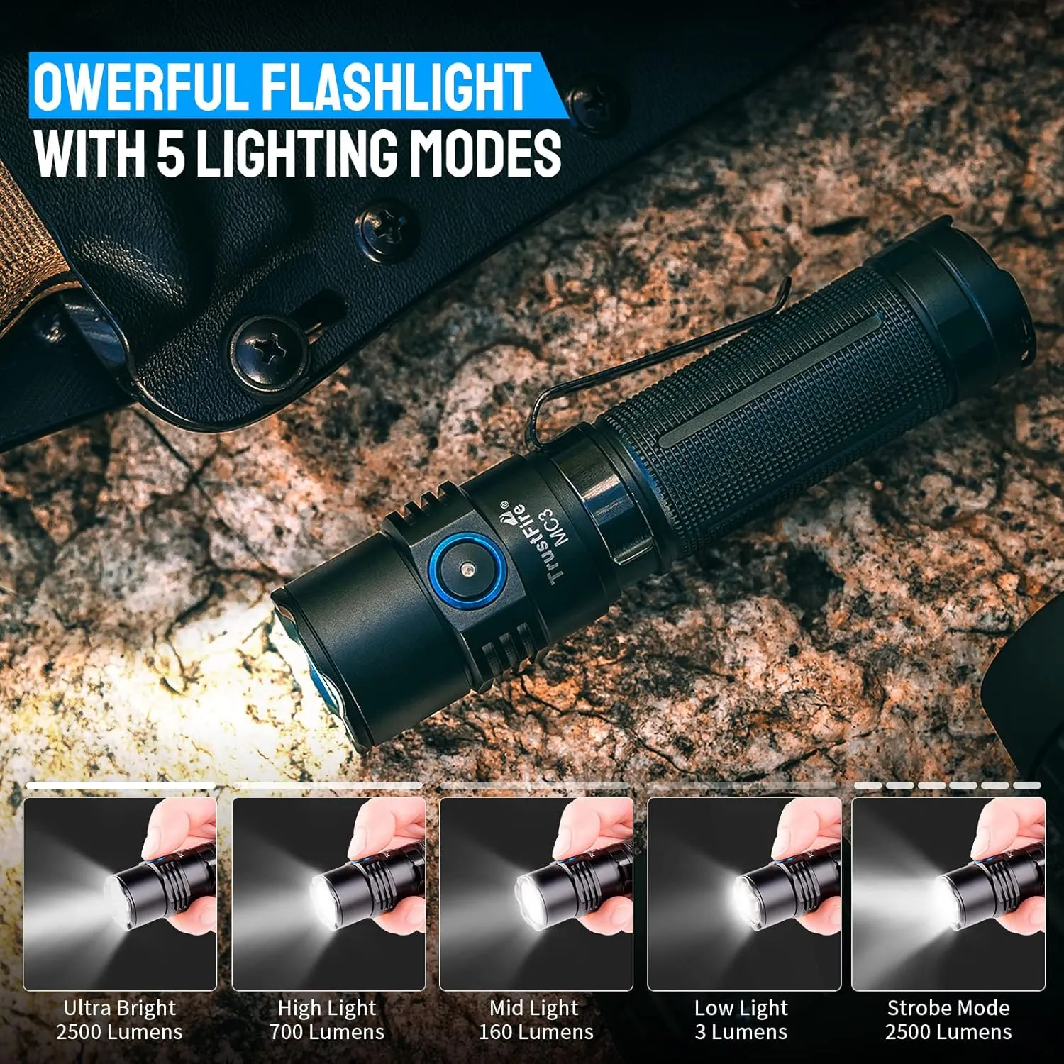 TrustFire MC3 Tactical LED Flashlight 2500 Lumens USB Magnetic Charging Torch Rechargeable Flashlights IP68 Waterproof EDC Flashlight Work Flashlight with Memory Strobe Mode, for Gift Giving